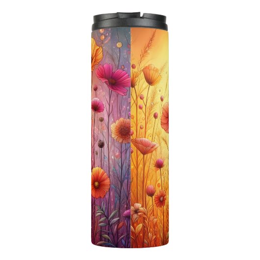 Levendige Wildflower Field Sunset Thermosbeker (Achterkant)