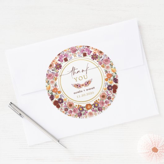 Levendige Wildflower Meadow Wedding Bedankt Ronde Sticker (Envelop)