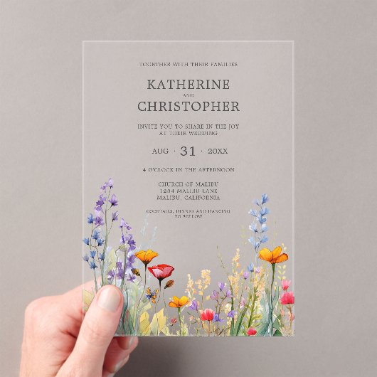 Levendige Wildflowers Elegant Huwelijk Clear Acryl Uitnodigingen (Insitu (Draagbaar))