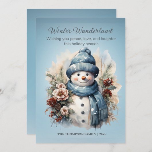 Levendige Winter Wonderland Sneeuwman Icy Blue Feestdagenkaart (Voorkant / Achterkant)