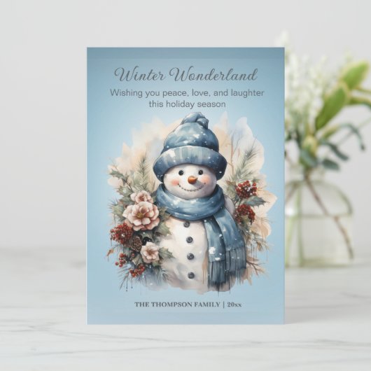 Levendige Winter Wonderland Sneeuwman Icy Blue Feestdagenkaart (Staand voorkant)