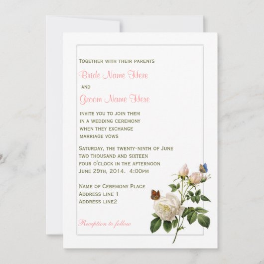 Levendige witte roos en vlinders bruiloft kaart (Voorkant)