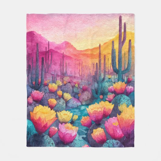 Levendige Woestijnzonsondergang Cactus Bloeiende D Fleece Deken (Voorkant)