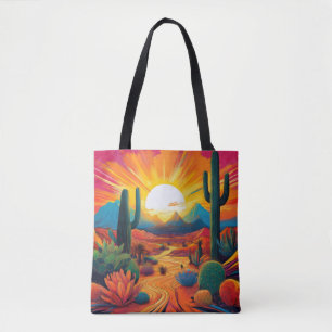 Levendige woestijnzonsopgang met kleurrijke cactus tote bag