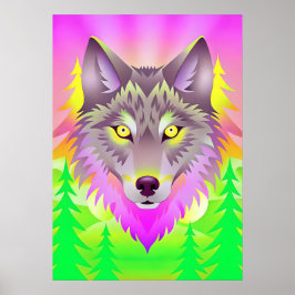 Levendige Wolf Illustratie met Abstracte Bomen Poster