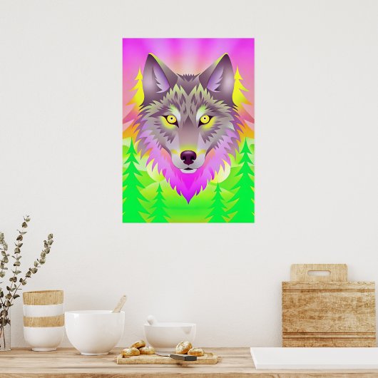 Levendige Wolf Illustratie met Abstracte Bomen Poster (Keuken)