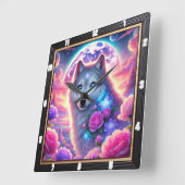 Levendige Wolf Neon Maan en Mystieke Bloem Vierkante Klok (Hoek)