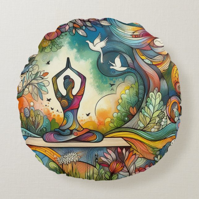 Levendige yoga sereniteit rond kussen (Voorkant)