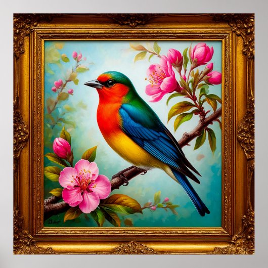 Levendige Zangvogel op Bloeiende Tak Poster (Voorkant)