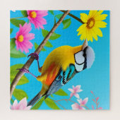 Levendige Zangvogel op een bloeiende tak Legpuzzel (Horizontaal)