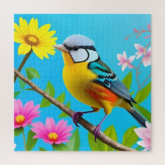 Levendige Zangvogel op een bloeiende tak Legpuzzel (Verticaal)