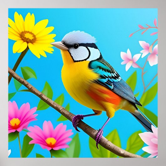 Levendige Zangvogel op een bloeiende tak Poster (Voorkant)