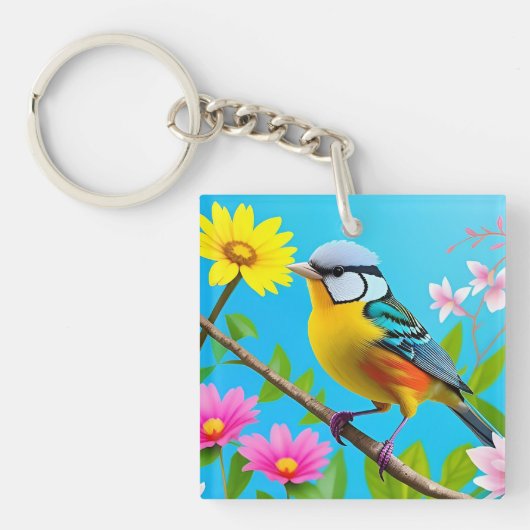 Levendige Zangvogel op een bloeiende tak Sleutelhanger (voorkant)