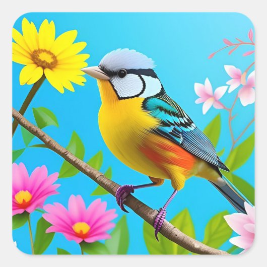 Levendige Zangvogel op een bloeiende tak Vierkante Sticker (Voorkant)