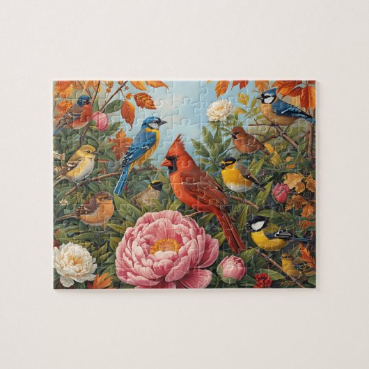 Levendige Zangvogels Herfstbloemen Legpuzzel (Horizontaal)