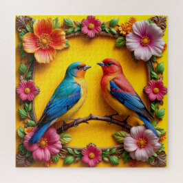 Levendige Zangvogels Omgeven Door Bloemen Lijst Legpuzzel