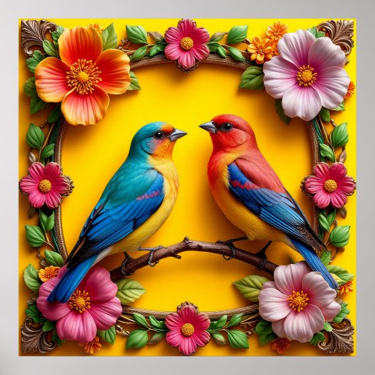 Levendige Zangvogels Omgeven Door Bloemen Lijst Poster (Voorkant)