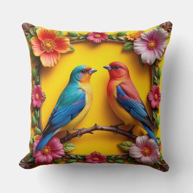 Levendige zangvogels omringd door bloemframe kussen (Voorkant)