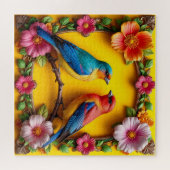 Levendige zangvogels omringd door bloemframe legpuzzel (Horizontaal)