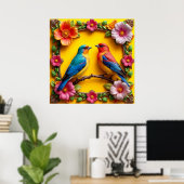 Levendige zangvogels omringd door bloemframe poster (Thuiskantoor)
