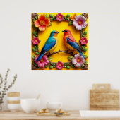 Levendige zangvogels omringd door bloemframe poster (Keuken)