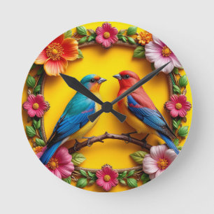 Levendige zangvogels omringd door bloemframe ronde klok