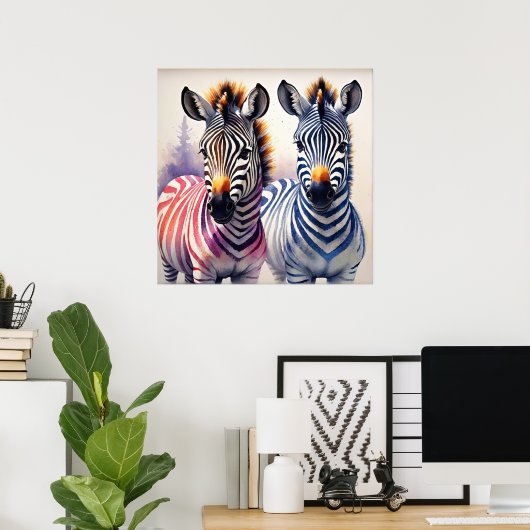 Levendige Zebra Duo Waterverf Pointillisme Art Poster (Thuiskantoor)
