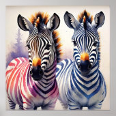 Levendige Zebra Duo Waterverf Pointillisme Art Poster (Voorkant)