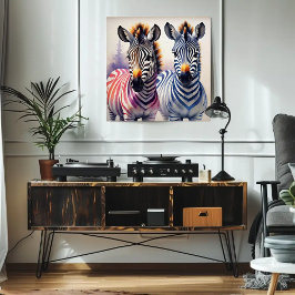 Levendige Zebra Duo Waterverf Pointillisme Art Poster
