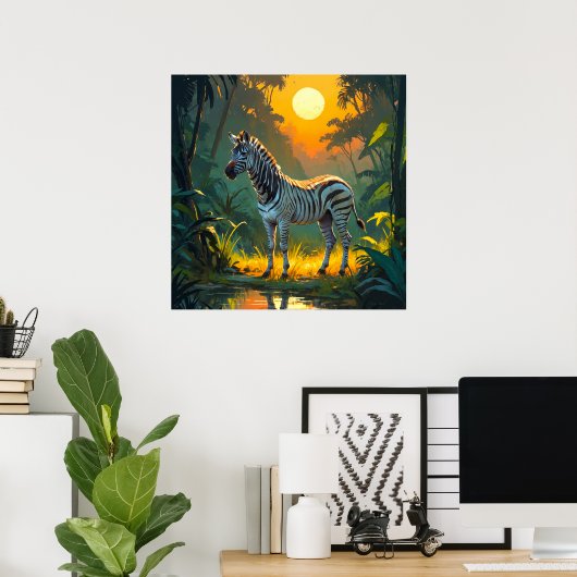 Levendige Zebra in Oerwoud met Sunset Painting Poster (Thuiskantoor)