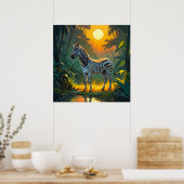Levendige Zebra in Oerwoud met Sunset Painting Poster (Keuken)