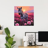 Levendige Zebra in Roze Rose Field Painting Poster (Thuiskantoor)