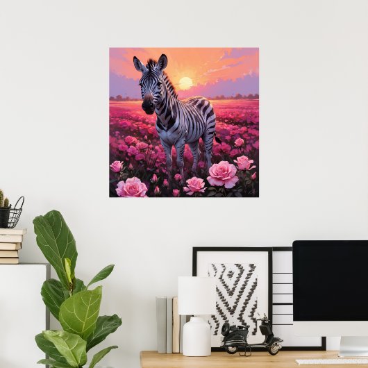 Levendige Zebra in Roze Rose Field Painting Poster (Thuiskantoor)