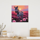 Levendige Zebra in Roze Rose Field Painting Poster (Keuken)