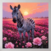 Levendige Zebra in Roze Rose Field Painting Poster (Voorkant)