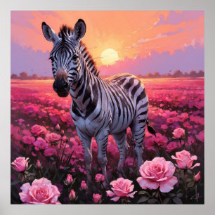 Levendige Zebra in Roze Rose Field Painting Poster