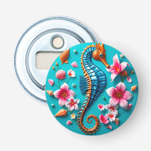 Levendige zeepaard en koraalrifscene button flesopener