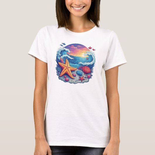 Levendige Zeester op Strand met Oceaangolven T-shirt (Voorkant)