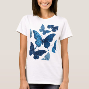 Levendige Zilveren BLAUWE VLINDERS Artistiek Motie T-shirt