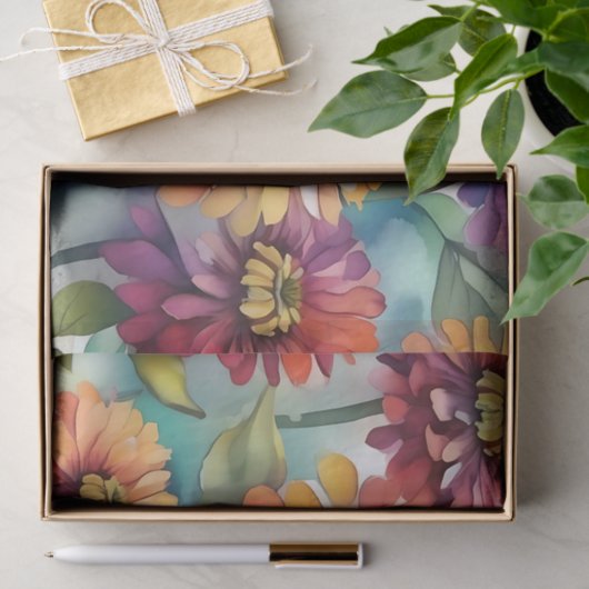 Levendige Zinnia Bloeit Abstracte Waterverf Tissuepapier (Geschenk)
