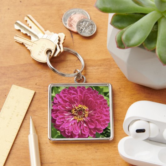 Levendige Zinnia Bloem Foto Sleutelhanger (Bureau)