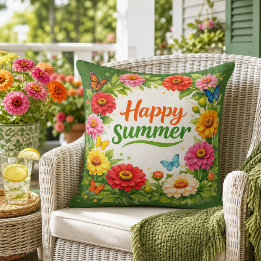 Levendige Zinnia Bloemen Gelukkige Zomer Groen  Buitenkussen
