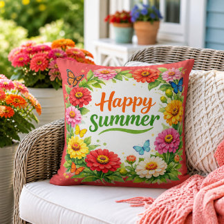 Levendige Zinnia Bloemen Gelukkige Zomer Rood Buitenkussen
