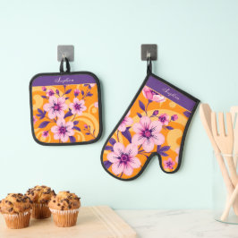 Levendige zomer bloemen-dopamine stijl ovenwant & pannenlap set