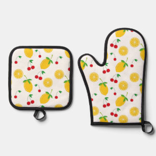 Levendige zomer citrus citroen en rode kersen ovenwant & pannenlap set