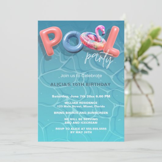 Levendige Zomer Pool Party Blauwe Uitnodiging (Staand voorkant)
