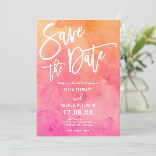Levendige zomer Roze Sinaasappel Waterverf bruilof Save The Date (Staand voorkant)