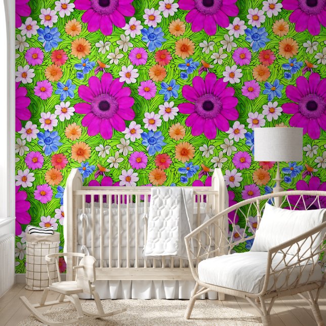 Levendige zomerbloemen in paarse en groene behang (Kinderen)