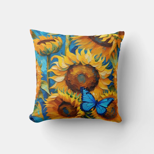 Levendige zonnebloem bloemen en vlinder kussen (Voorkant)