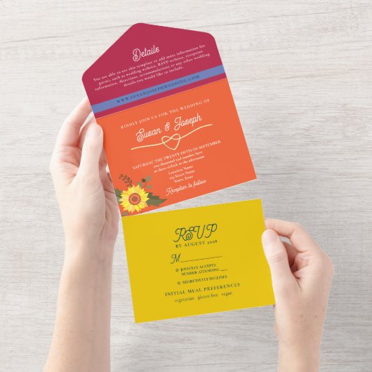 Levendige Zonnebloem bruiloft All In One Uitnodiging (Afscheurbaar)